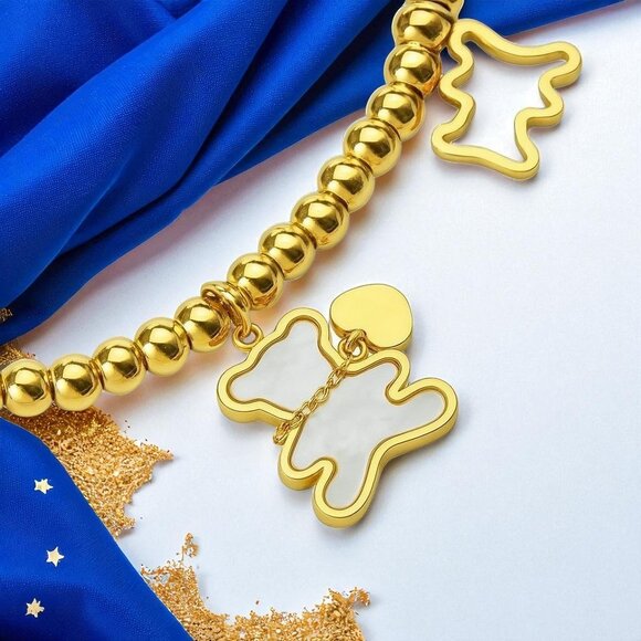 🆕️Whimsical 18K Gold Plated Stainless Steel Bear Charm Beaded Dainty Bracelet - Picture 5 of 14